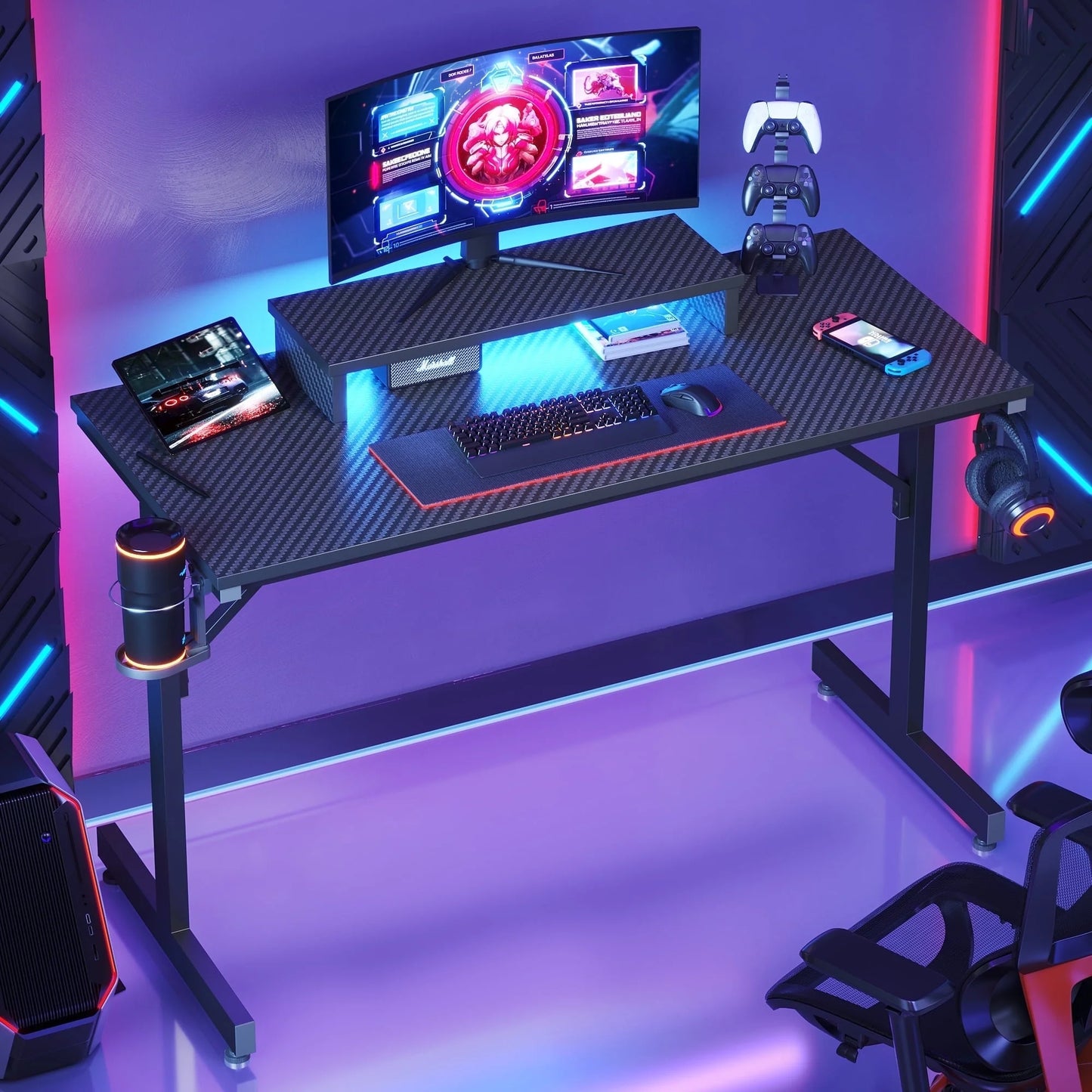 42" PC Computer Gaming Desk with LED Lights & Monitor Stand & Headphone Hook & Cup Holder, Black